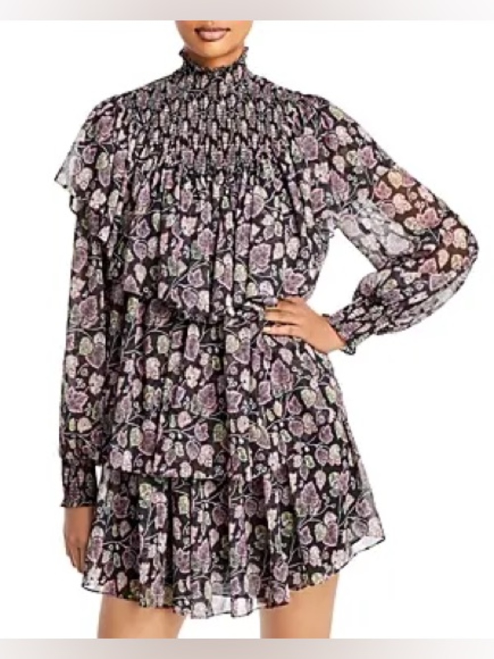 NWT Cinq a Sept Drew Georgette Long Sleeve Tiered Mini Dress, size 2